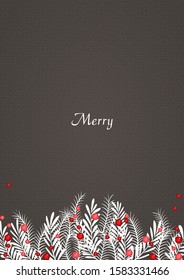 White leaf and red berry on grey color background vector decoration for Christmas holiday and winter season.