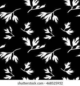 White leaf seamless pattern on black background, parsley