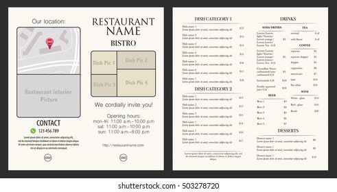 White leaflet restaurant with location information, photographs of food and menu card. Format of leaflets is 2DL. Vintage background