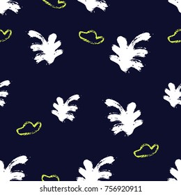 White leafs on navy background with neon crayon drawn shapes