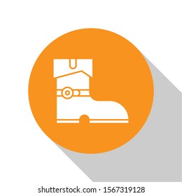 White Leather pirate boots icon isolated on white background. Orange circle button. Vector Illustration
