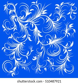 White leaves with abstract swirls on a blue background. Can be used as a background, decor, decoupage, textile, invitation.