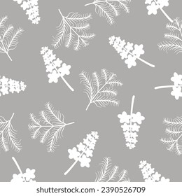 White leaves and bunch flowers on a gray background, designed for fabric patterns, gift wrapping paper, placemats, home decoration, bedding set covers, curtains, table covers, and others.