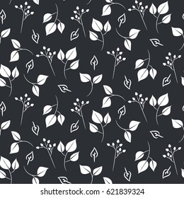 White leaves and dogrose seamless vector pattern on dark blue background. Nature leaf background.