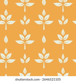 White leaves icon, herb seamless pattern on summer orange background, simple graphic illustration, eco friendly organic concept clip art, flat element for logo, packaging, save energy and self care