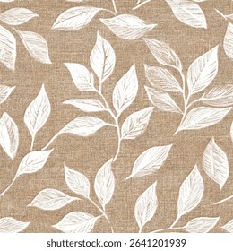White leaves on a beige background. on linen fabric print pattern, cotton, silk, vector illustration, doodle summer, kids and baby designs for print fabric.