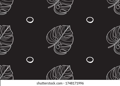 WHITE LEAVES ON A BLACK BACKGROUND. Linear leaves, geometric seamless pattern, wrapping paper. Vector graphics and design.