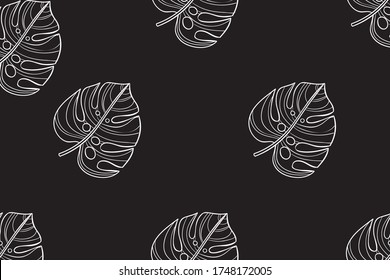 WHITE LEAVES ON A BLACK BACKGROUND. Linear leaves, geometric seamless pattern, wrapping paper. Vector graphics and design.