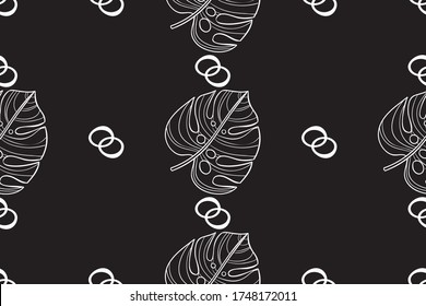 WHITE LEAVES ON A BLACK BACKGROUND. Linear leaves, geometric seamless pattern, wrapping paper. Vector graphics and design.