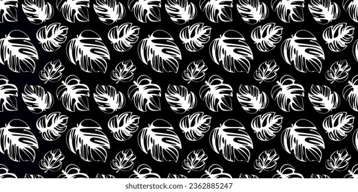 Weiße Blätter auf schwarzem Hintergrund, Vektorgrafik nahtlos. Monstera-Pflanzentextilien. 