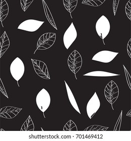 White leaves on black background, seamless pattern. Leaf fall, summer, autumn.sketch in a naive manner.Freehand drawing vector  with doodles.Black and white seamless pattern,modern stylish texture.


