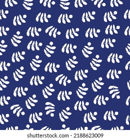Hojas blancas sobre fondo azul, ilustración de patrón sin costura, vector