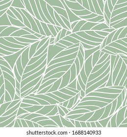 White leaves on green seamless pattern. Vector illustration.