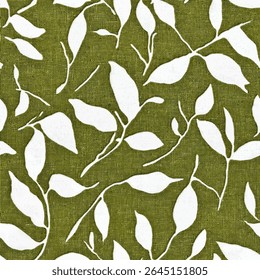 White leaves on an olive green background, white lines on linen fabric print pattern, cotton, silk, vector illustration, doodle summer, kids and baby designs for print fabric.