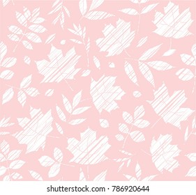 White leaves on a pink field. Vector color pattern. The leaves are shaded diagonally a white pencil. Simulation. 