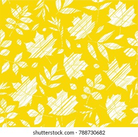 White leaves on a yellow field. Vector color pattern. The leaves are shaded diagonally a white pencil. Simulation. 