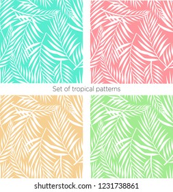 White leaves pattern on turquoise, coral, green, yellow/ Seamless stylish vector backgrounds/ Set of tropical patterns