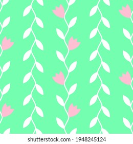 White leaves and pink flowers on green background, spring seamless pattern, vector illustration for textile or wrapping, floral flat design
