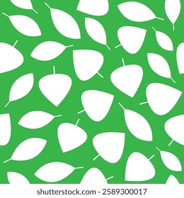White leaves in various shapes and orientations spread across a green background creating a natural pattern design.