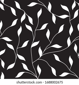 White Leaves and Vines on Black Seamless Repeating Vector Pattern