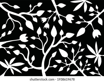White Leaves and Vines on Black Seamless Repeating Vector Pattern. Vector illustration
