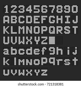White LED digital english uppercase, lowercase font, number display on black background svg