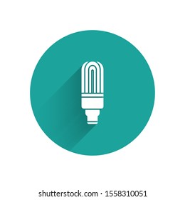 White LED light bulb icon isolated with long shadow. Economical LED illuminated lightbulb. Save energy lamp. Green circle button. Vector Illustration