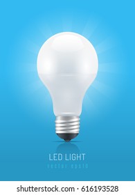 White LED light bulb realistic vector illustration on a blue background