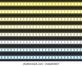 Tira LED blanca. Cinta decorativa de luz blanca realista de diferentes temperaturas de color 3000 y 6500 Kelvin. Conjunto aislado de cintas de diodo de brillo vectorial. Luz brillante cálida y fría