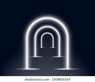 White LED tunnel in the form of an arch. 3D vector illustration isolated on a dark background.