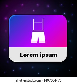 White Lederhosen icon isolated on black background. Traditional bavarian clothing. Oktoberfest outfit. Pants with suspenders. Patrick day. Rectangle color button. Vector Illustration