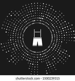 White Lederhosen icon isolated on grey background. Traditional bavarian clothing. Oktoberfest outfit. Pants with suspenders. Patrick day. Abstract circle random dots. Vector Illustration