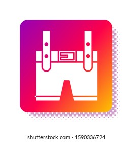 White Lederhosen icon isolated on white background. Traditional bavarian clothing. Oktoberfest outfit. Pants with suspenders. Patrick day. Square color button. Vector Illustration