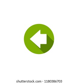 White left squared arrow with shadow in green circle. flat icon. Isolated on white. Continue icon.  Back sign. West arrow.