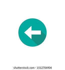 White left squared arrow with shadow in turquoise blue circle. flat icon. Isolated on white. Continue icon.  Back sign. West arrow.