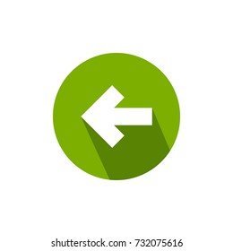 White left squared arrow with shadow in green circle. flat icon. Isolated on white. Continue icon.  Back sign. West arrow.