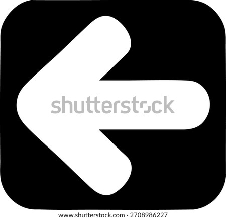 White left-pointing arrow on a black rounded square background. High-contrast vector with a bold, clean silhouette.