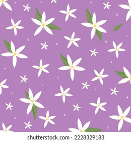 White lemon flowers on a light purple background. Floral pattern.