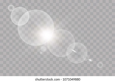 White lens flare effect. Transparent halo, glares and particles. Realistic light elements.
