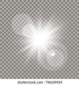 White lens flare effect. Transparent halo, glares and particles. Realistic light elements.
