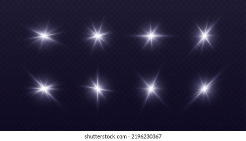 White lens flare, glowing star with rays, shiny flash spark, bright cosmic explosion isolated on black. Vector illustration.