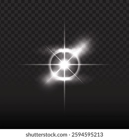 White lens flare vector, starburst effect.  Bright, glowing light.  Transparent background overlay.  Optical, realistic design.  Perfect for special effects, light enhancements, and digital art.