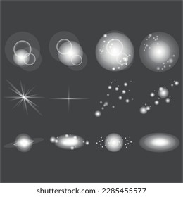 White lens flares pack. Light rays. Beautiful light flares. Glowing streaks on gray background. Luminous abstract sparkling.