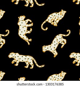White leopards on black background. Wild cats cheetah seamless pattern