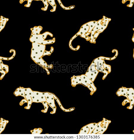 White leopards on black background. Wild cats cheetah seamless pattern