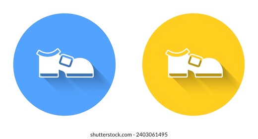 White Leprechaun boot icon isolated with long shadow background. Happy Saint Patricks day. National Irish holiday. Circle button. Vector