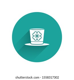 White Leprechaun hat and four leaf clover icon isolated with long shadow. Happy Saint Patricks day. Green circle button. Vector Illustration