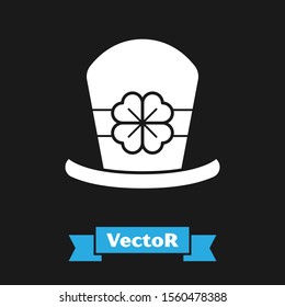 White Leprechaun hat and four leaf clover icon isolated on black background. Happy Saint Patricks day.  Vector Illustration