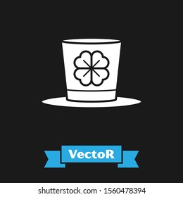 White Leprechaun hat and four leaf clover icon isolated on black background. Happy Saint Patricks day.  Vector Illustration