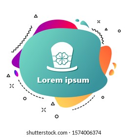 White Leprechaun hat and four leaf clover icon isolated on white background. Happy Saint Patricks day. Abstract banner with liquid shapes. Vector Illustration